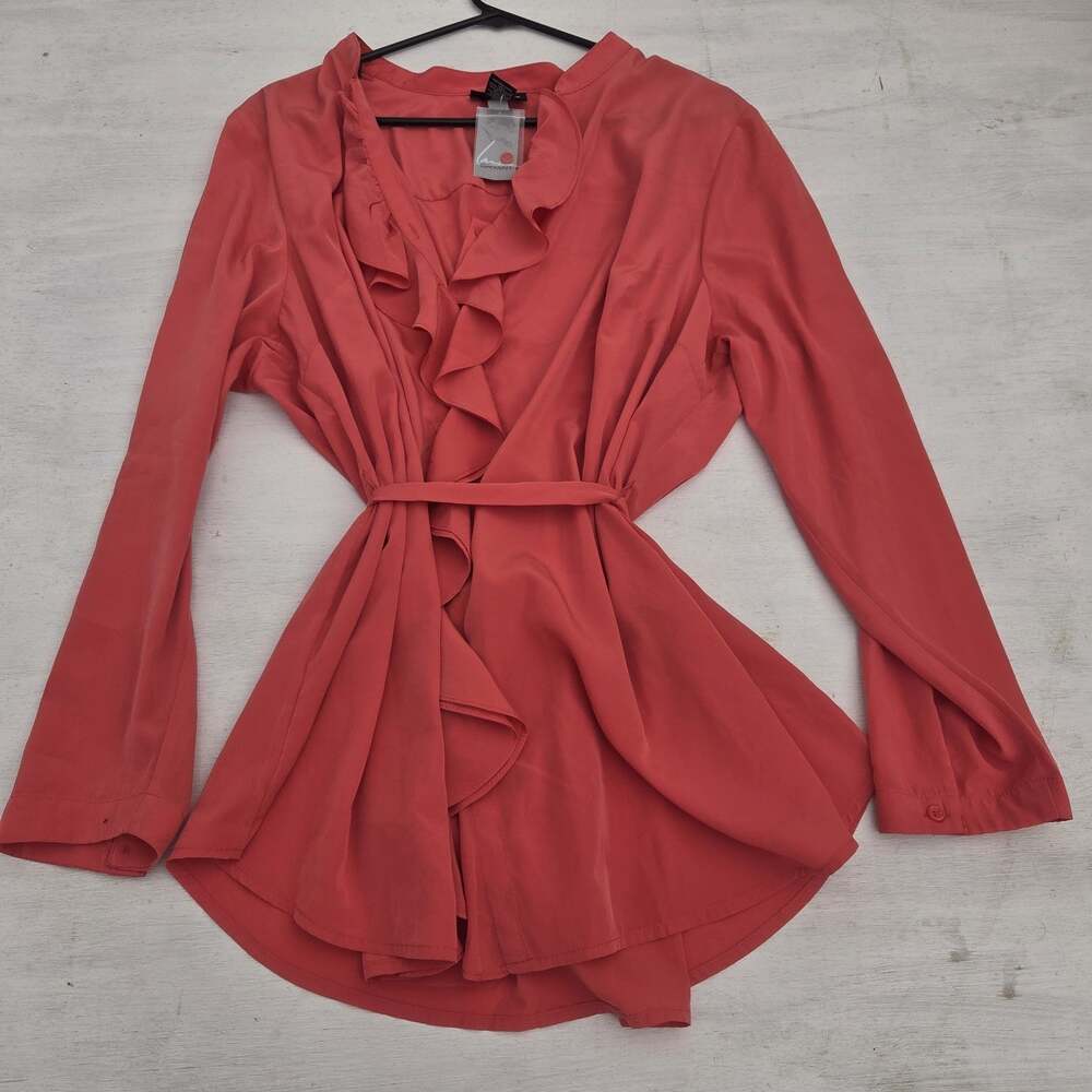 Lane Bryant Button Up Shirt Plus Size 18/20 Long Sleeve Pink Waist Tied Ruffles